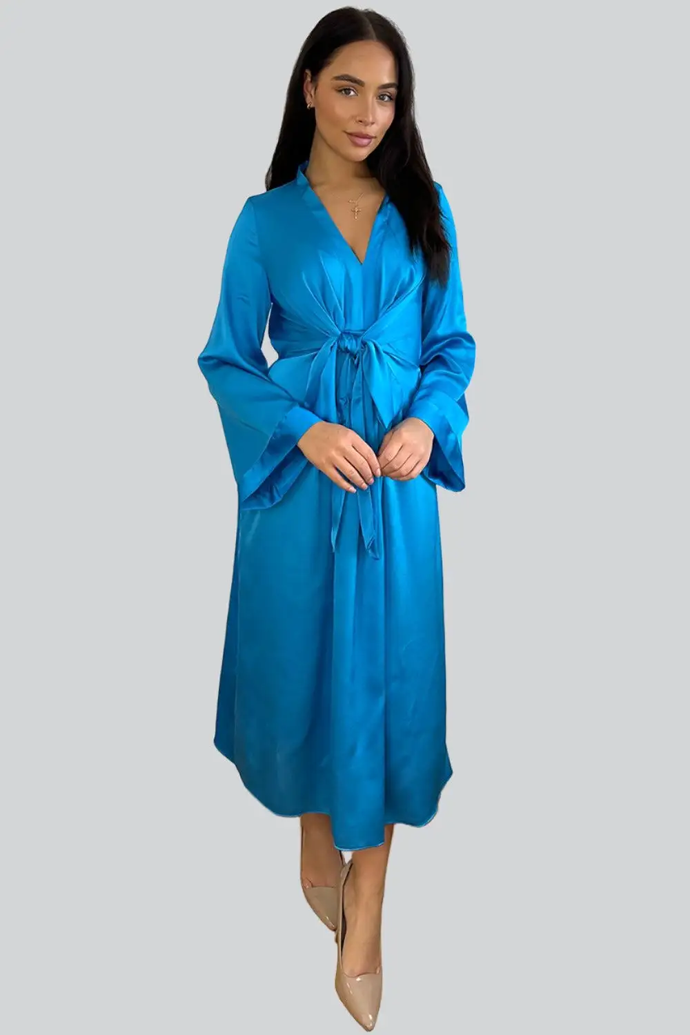 Royal Blue Satin Tie To Front Midi Dress