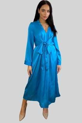 Royal Blue Satin Tie To Front Midi Dress