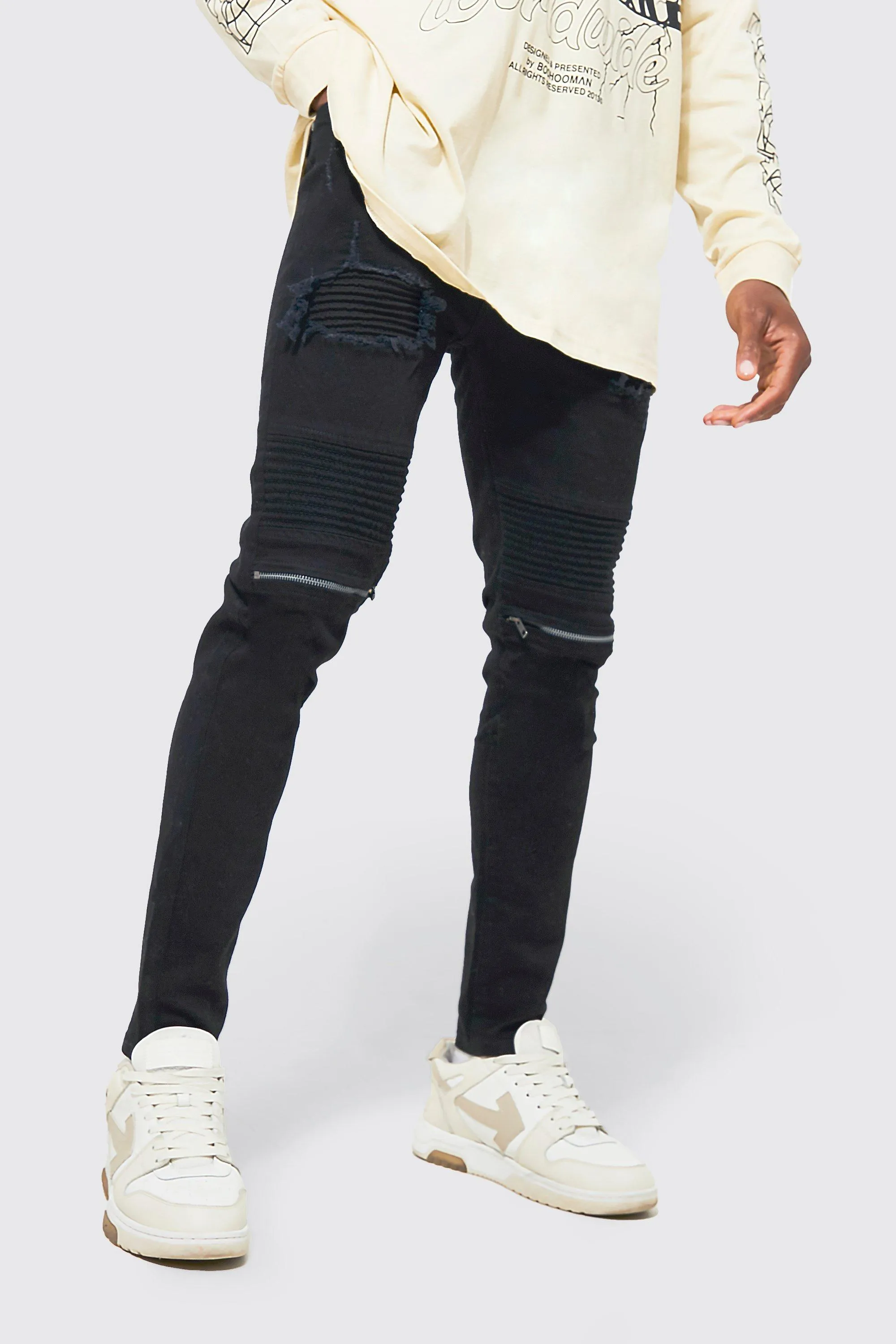 Skinny Stretch Ripped Biker Jeans With Zips | boohooMAN UK