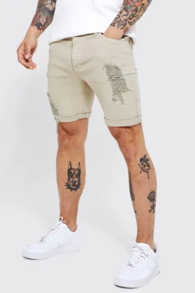 Skinny Stretch Ripped Overdye Denim Shorts | boohooMAN UK