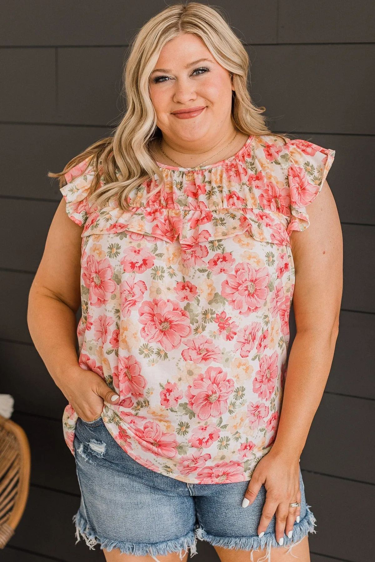 Stuck On Replay Ruffle Top- Ivory & Pink