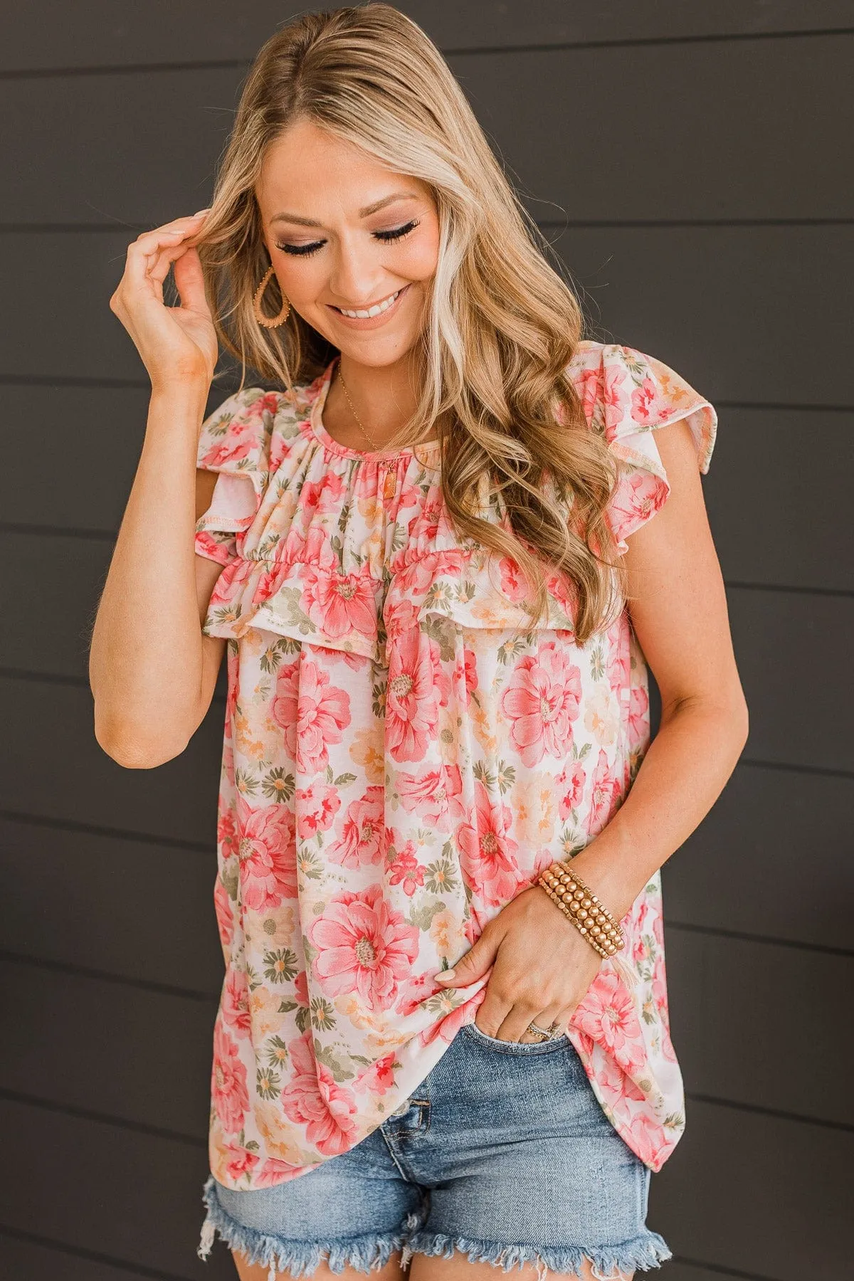 Stuck On Replay Ruffle Top- Ivory & Pink