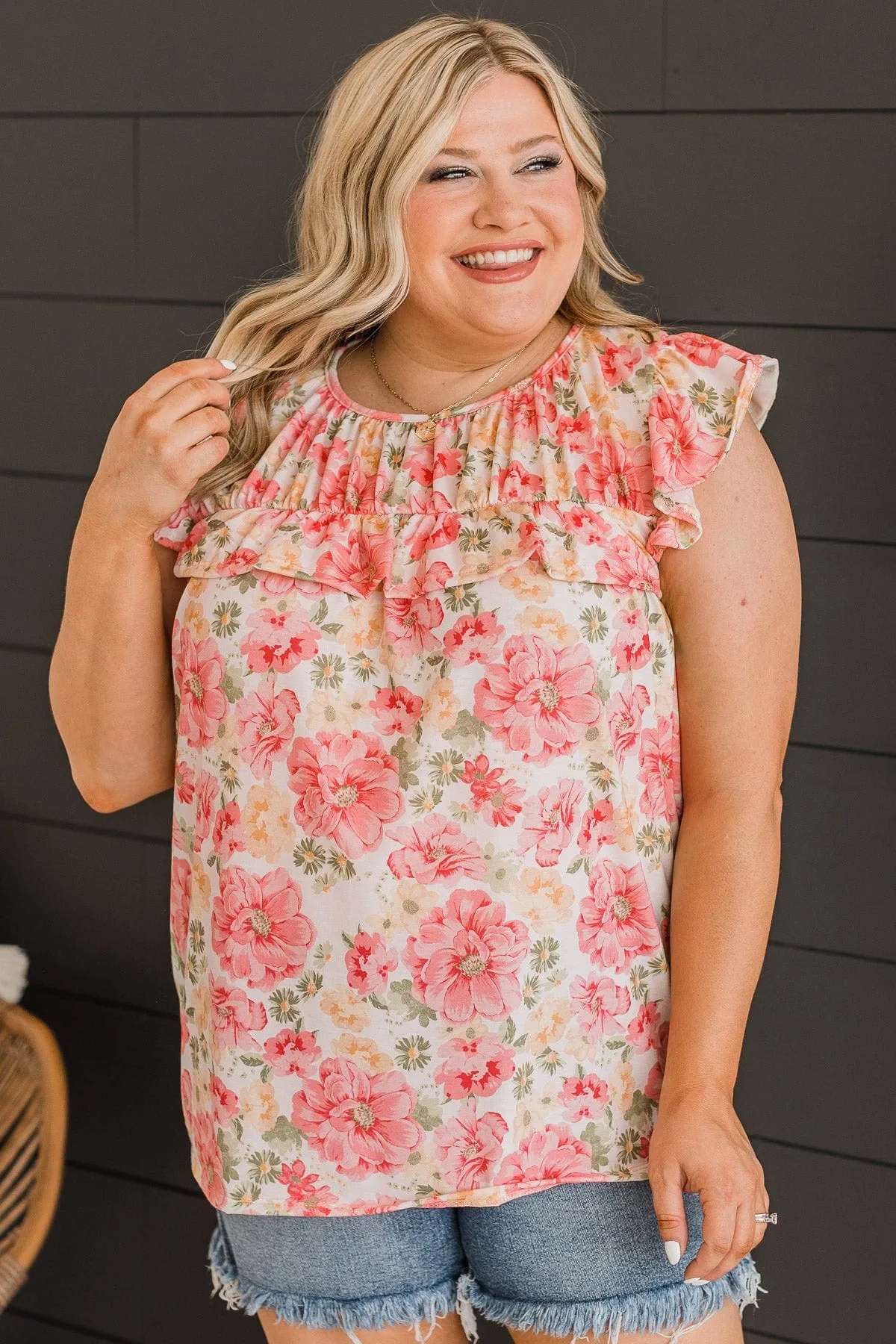 Stuck On Replay Ruffle Top- Ivory & Pink