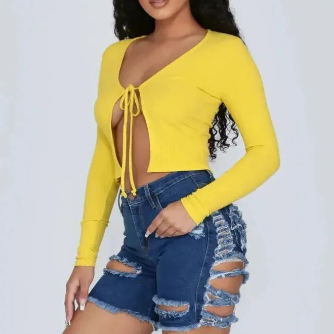 Summer Ripped Sexy Solid Pattern High Waist Denim Shorts for Women