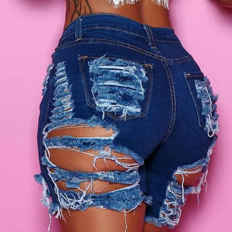 Summer Ripped Sexy Solid Pattern High Waist Denim Shorts for Women