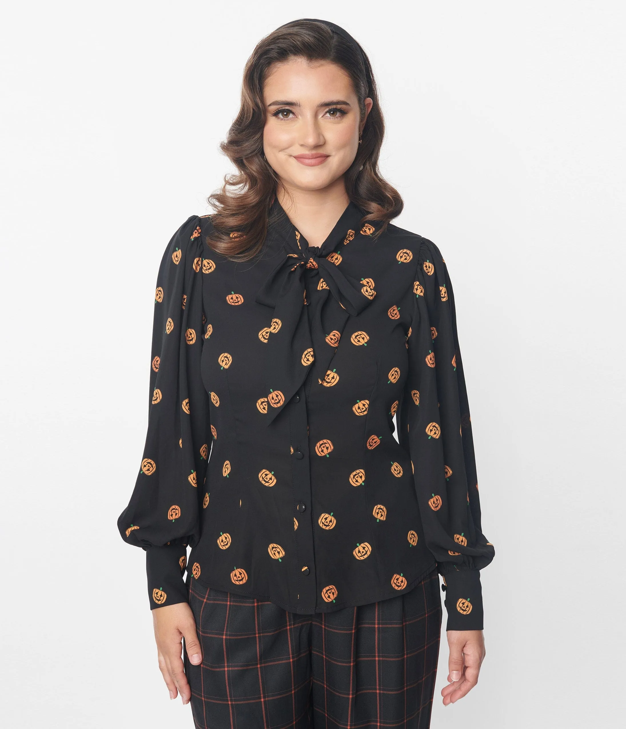 Unique Vintage 1950s Black & Pumpkin Print Gwen Blouse