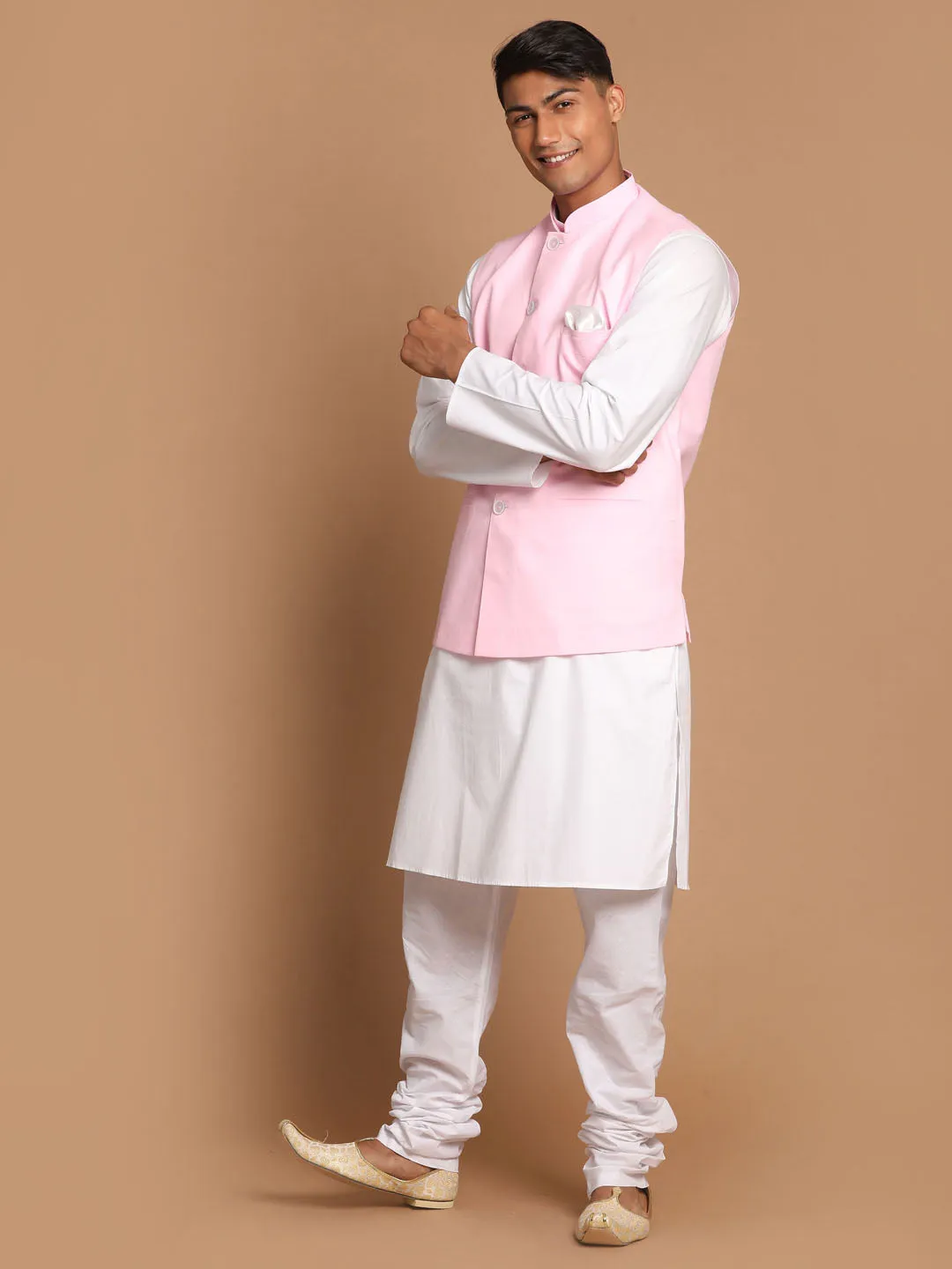 VASTRAMAY Men's White Cotton Kurta, Solid Royal Nehru Jacket and Pyjama Set