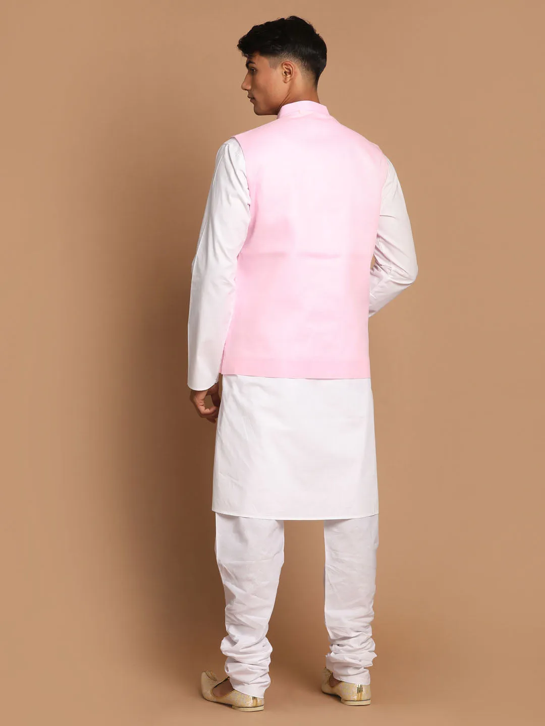 VASTRAMAY Men's White Cotton Kurta, Solid Royal Nehru Jacket and Pyjama Set