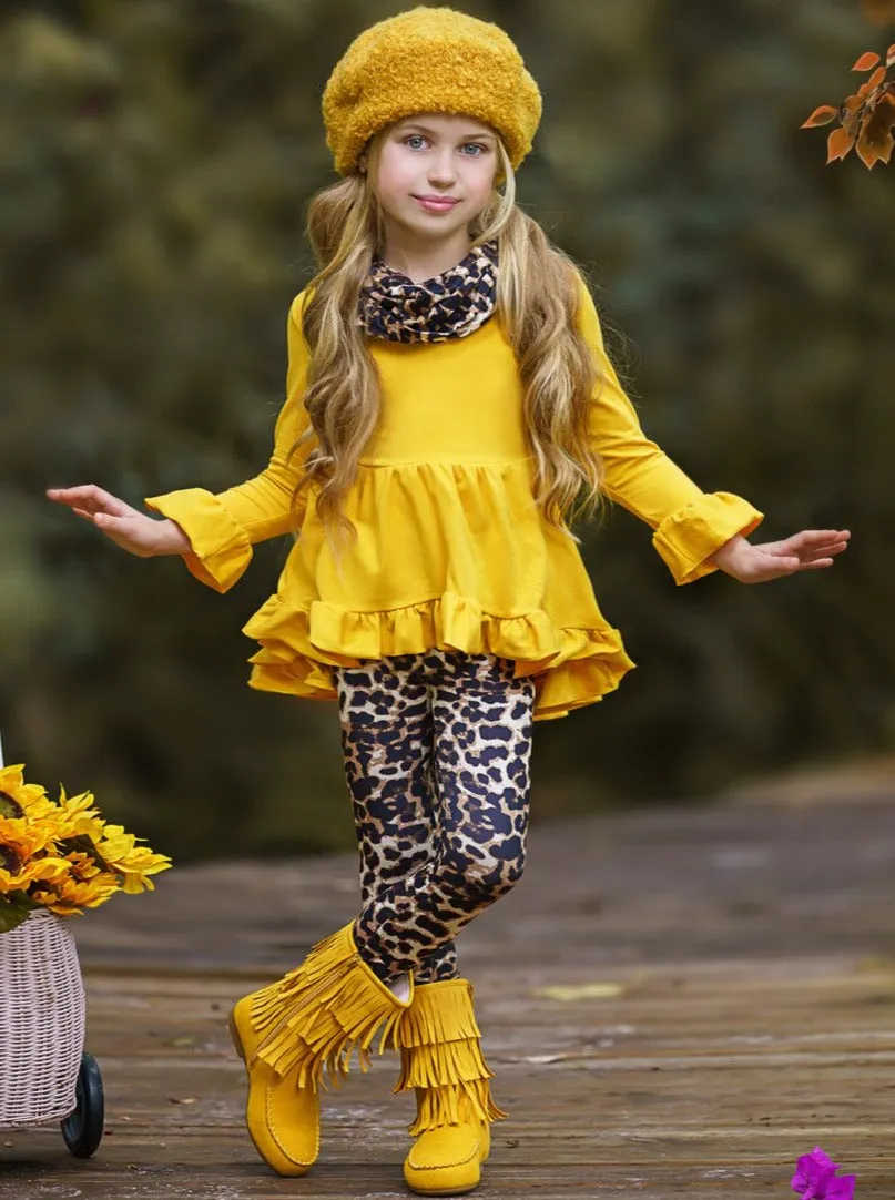 Vibrant Cub Hi-Lo Ruffle Tunic, Leopard Leggings And Scarf Set