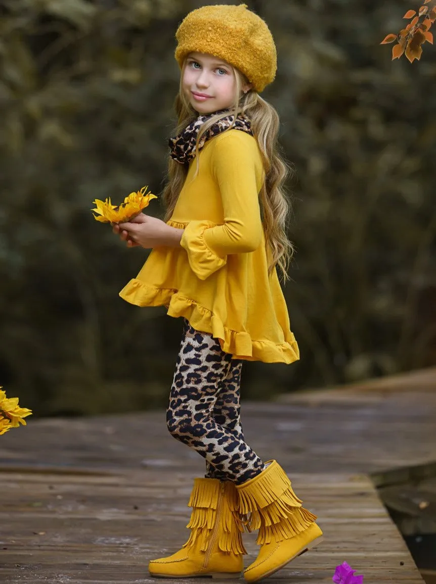 Vibrant Cub Hi-Lo Ruffle Tunic, Leopard Leggings And Scarf Set