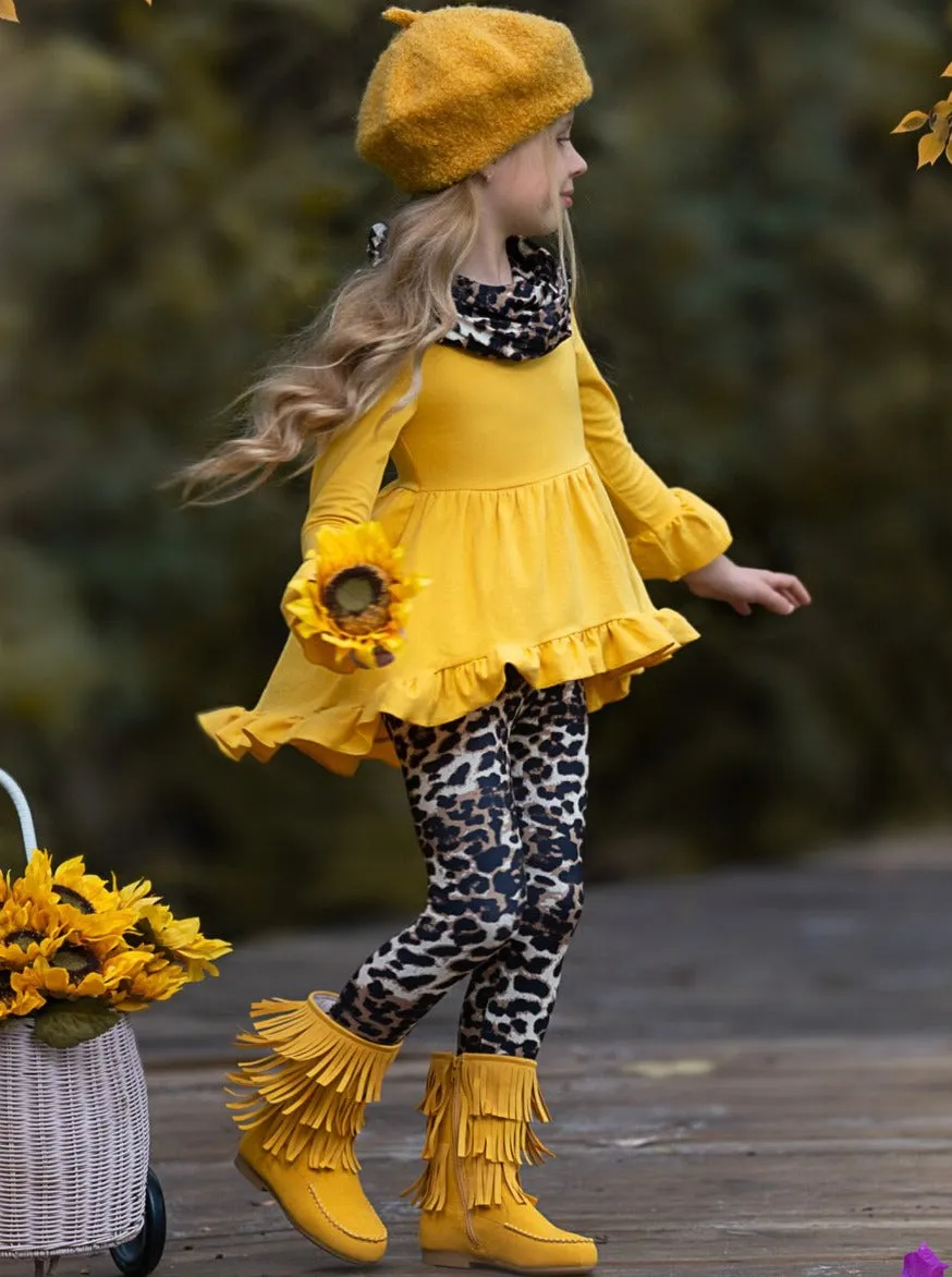 Vibrant Cub Hi-Lo Ruffle Tunic, Leopard Leggings And Scarf Set