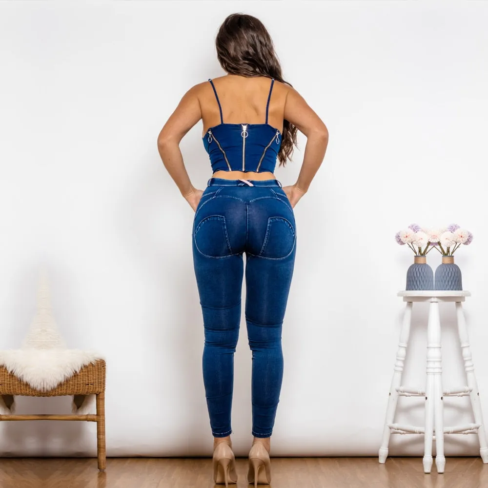 Women's Dark Blue Washed Ripped Middle Waist Jeggings Crop Top 2pc Set