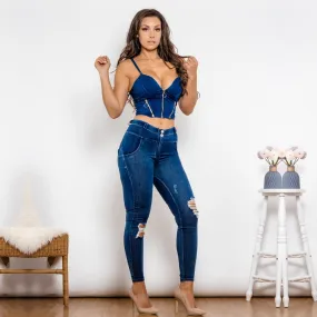 Women's Dark Blue Washed Ripped Middle Waist Jeggings Crop Top 2pc Set