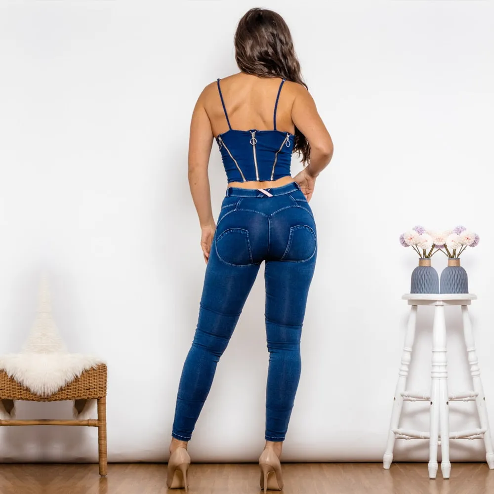 Women's Dark Blue Washed Ripped Middle Waist Jeggings Crop Top 2pc Set