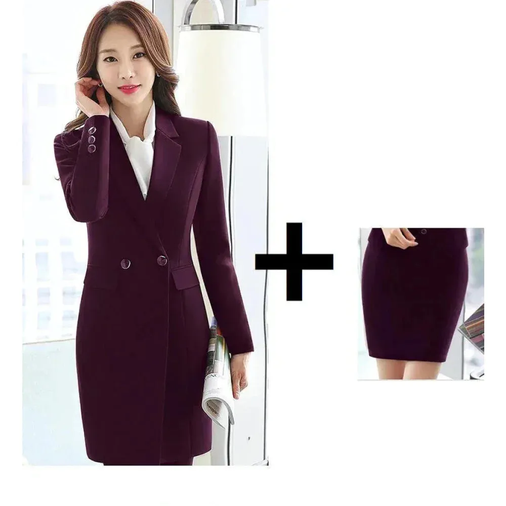 Women's Formal Notched Collar Blazer Mid Waist Skirt Business Two Piece Suit