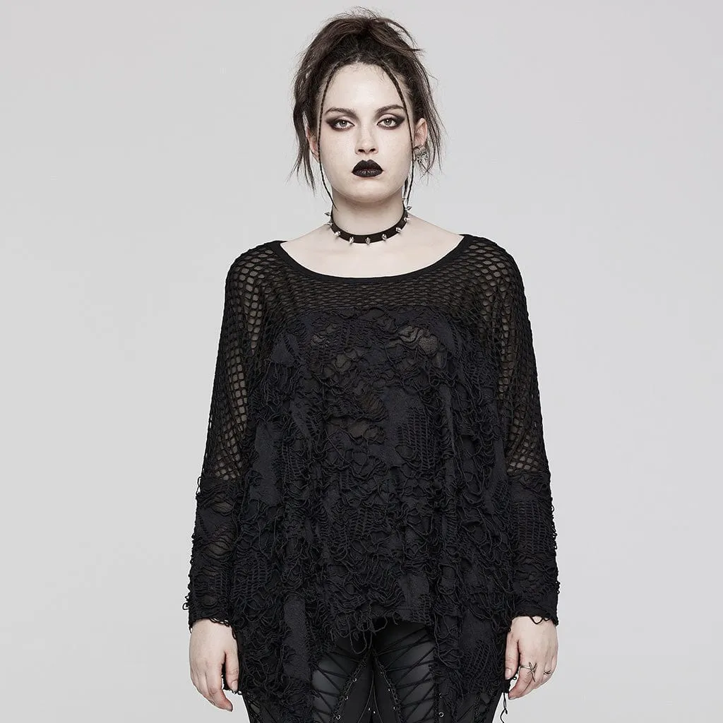 Women's Plus Size Gothic Irregular Ripped Mesh Splice Shirt