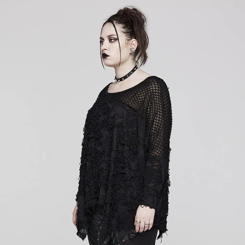 Women's Plus Size Gothic Irregular Ripped Mesh Splice Shirt