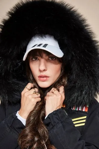 Women winter coat with embroidered badges and fur hood