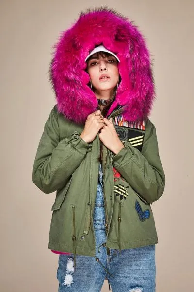 Women winter coat with embroidered badges and fur hood