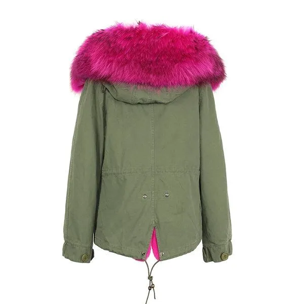 Women winter coat with embroidered badges and fur hood